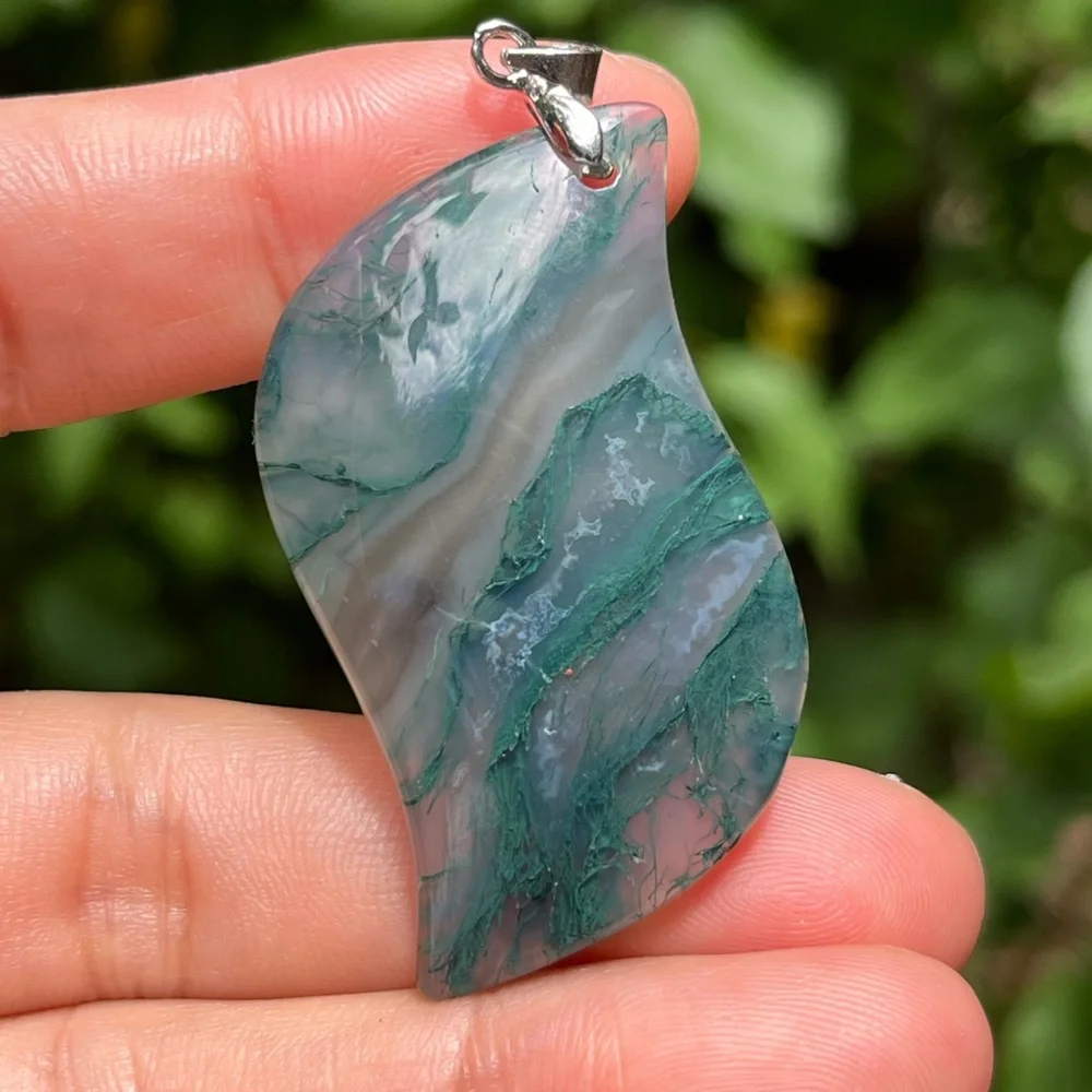 Sterling silver 925‎ stamped wavy moss agate pendant